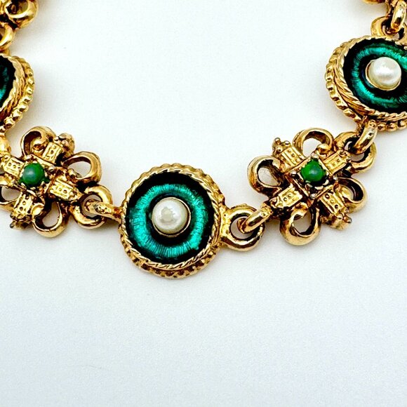 Vintage ART Mode Arthur Pepper Goldtone Bracelet With Faux Pearls Green Enamel - Picture 2 of 6